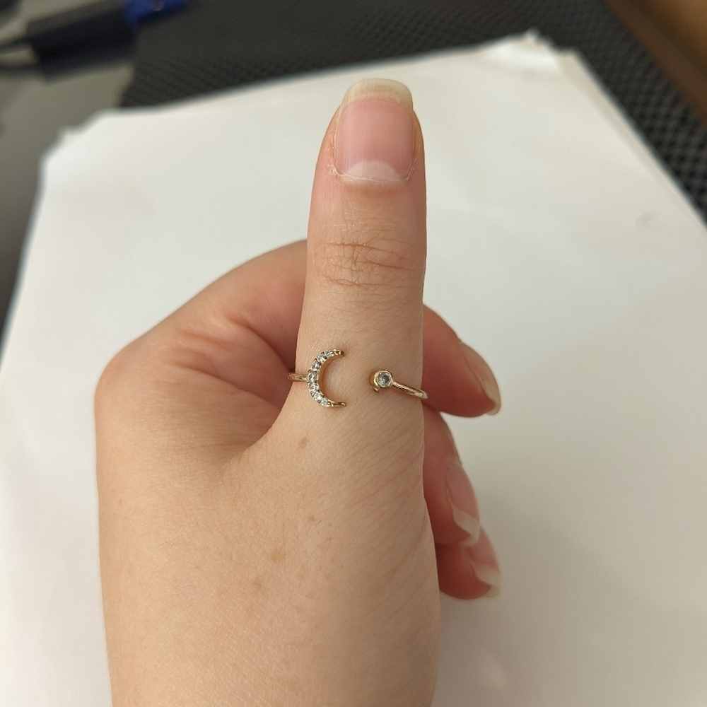 Gold Tone Ring with  Half Moon Rhinestone